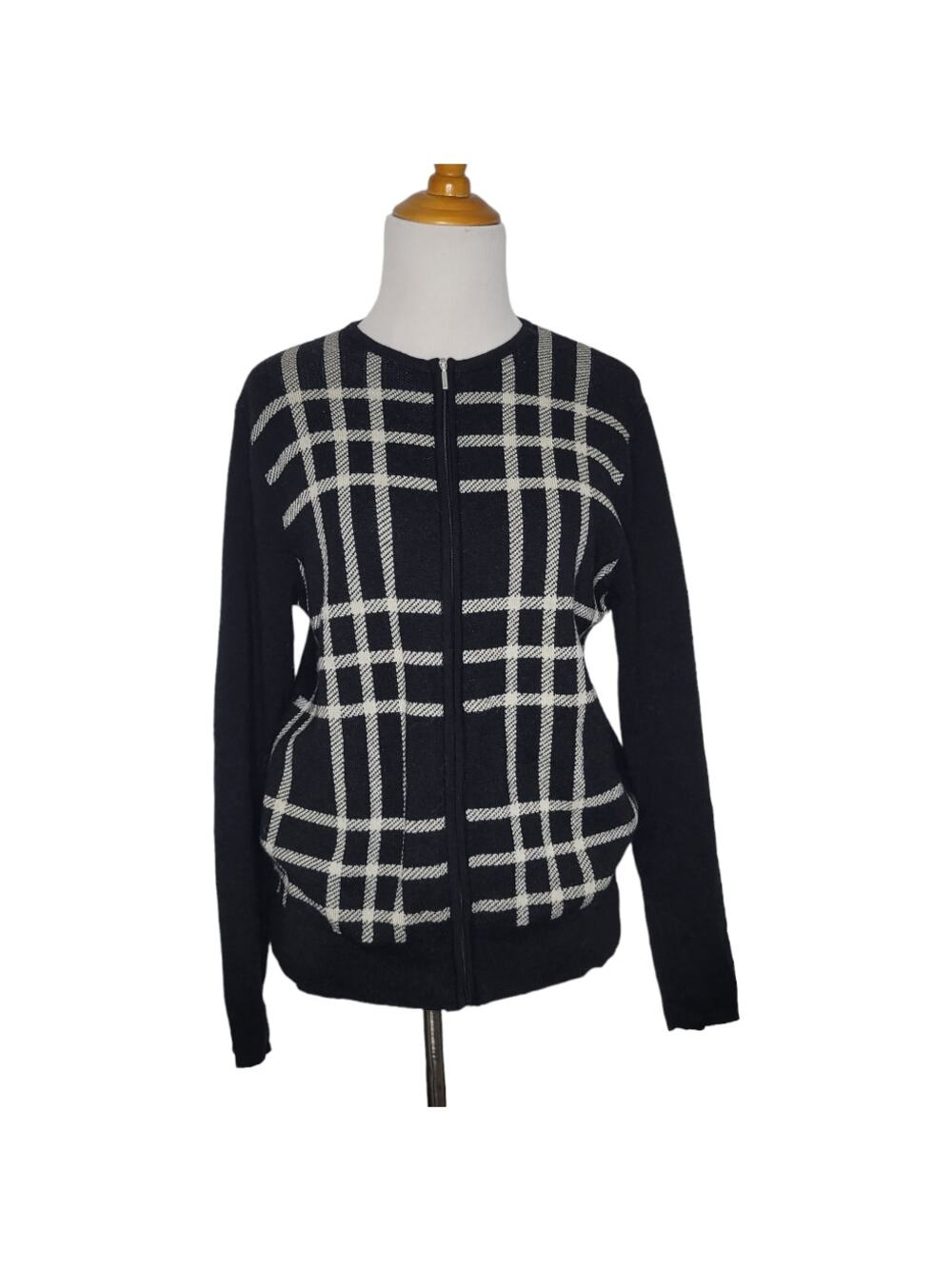 Pendleton Merino Wool Cardigan Sweater Zip Front Windowpane Black Women Small